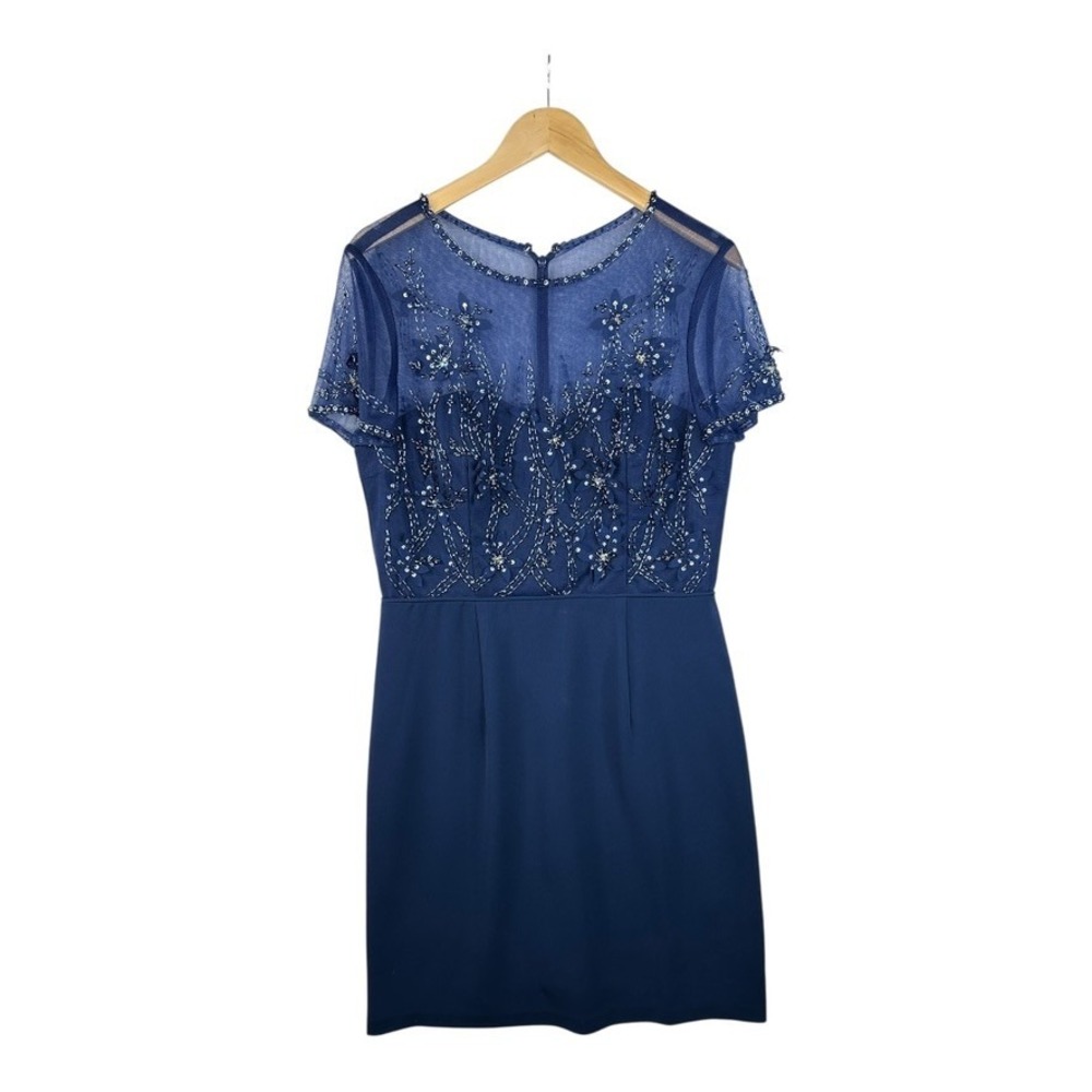 J S Collections Sheer Sequin Detail‎ Short Sleeve Dress size Small Blue